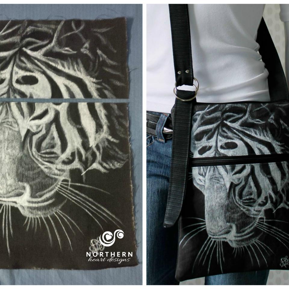 Raw canvas panel, ghost tiger; Faith Triple Zip Bag*