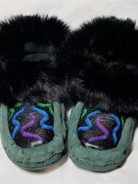Handmade moccasin slippers, Northern Lights painted designs, Ladies 7-8.