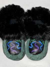 Moccasin slippers, leather painted designs, Ladies 9-10.