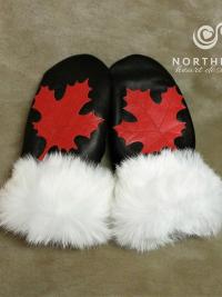 Canada mitts, leather mitts, leather applique, maple leaf